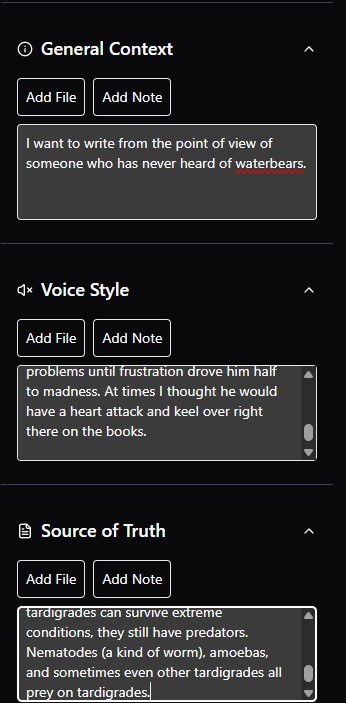 Calliope’s context panel: General Context, Voice Style and Source of Truth sections, each accepting files or notes