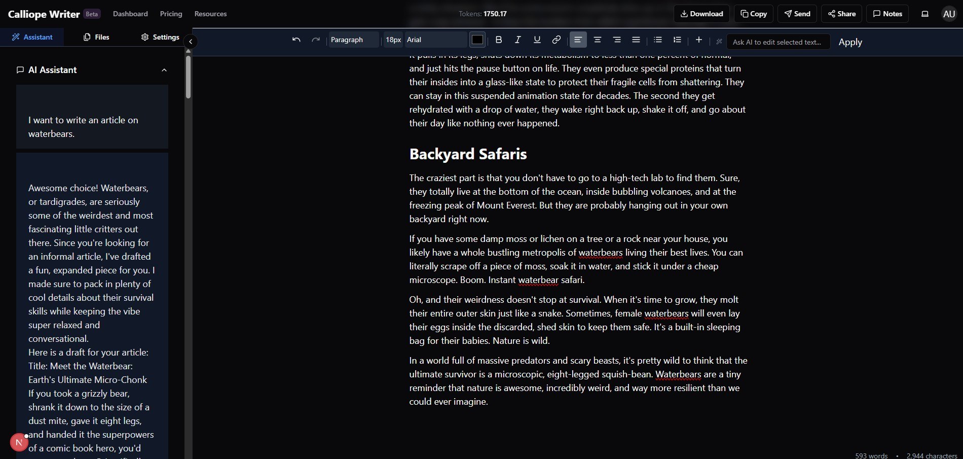 Calliope Writer: a dark full-page editor with a waterbear article in progress, the AI Assistant panel drafting on the left, and a formatting toolbar with an “Ask AI to edit selected text” field
