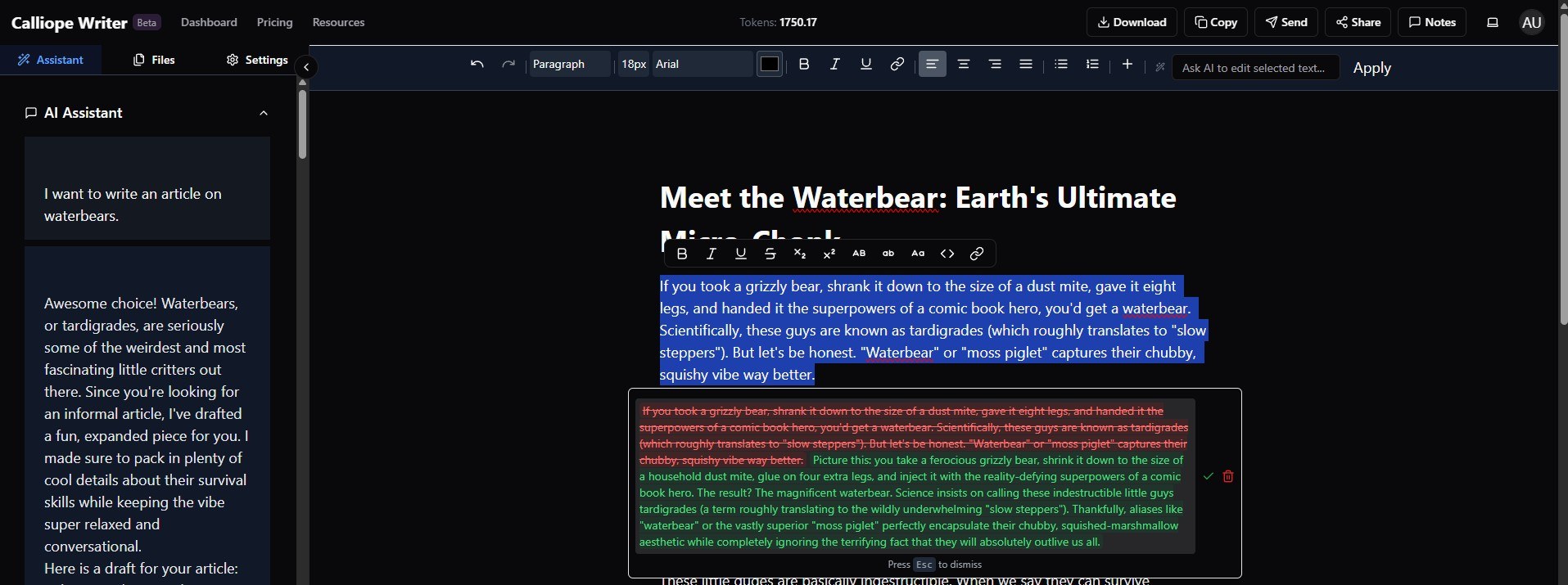 An inline AI edit in Calliope: the original paragraph shown struck through, the proposed rewrite highlighted below it, with accept and dismiss controls