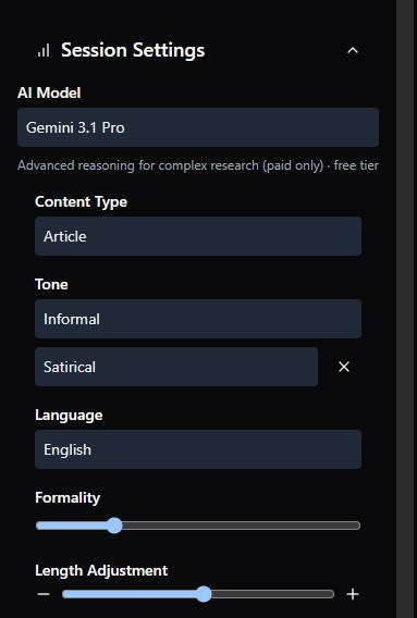 Session settings: AI model picker, content type, stacked Informal and Satirical tones, and formality and length sliders