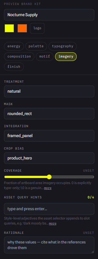 The imagery panel: treatment, mask, integration, crop bias, coverage, and asset query hints