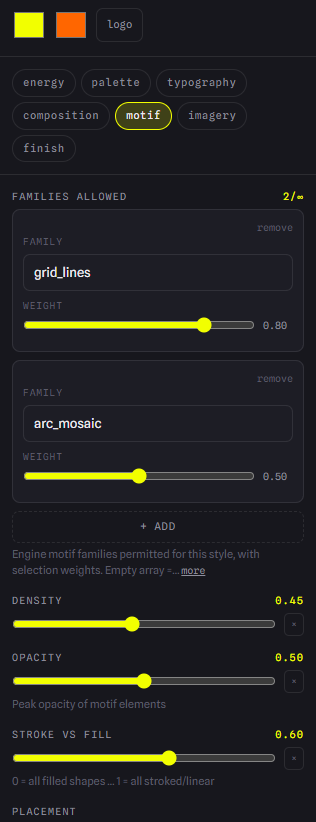 The motif panel: weighted motif families (grid lines, arc mosaic) with density, opacity, and stroke-versus-fill