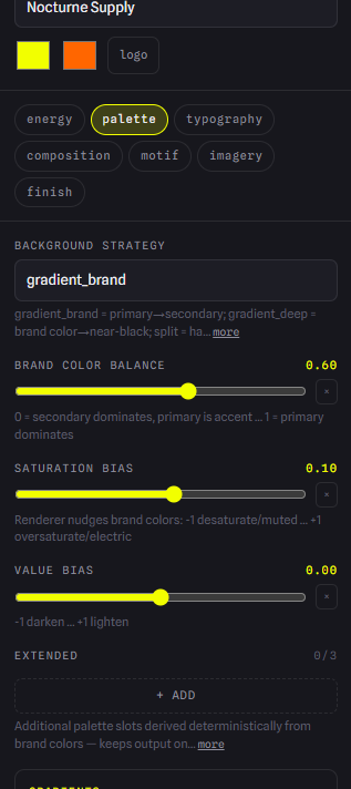 The palette panel: background strategy, brand colour balance, saturation and value bias sliders