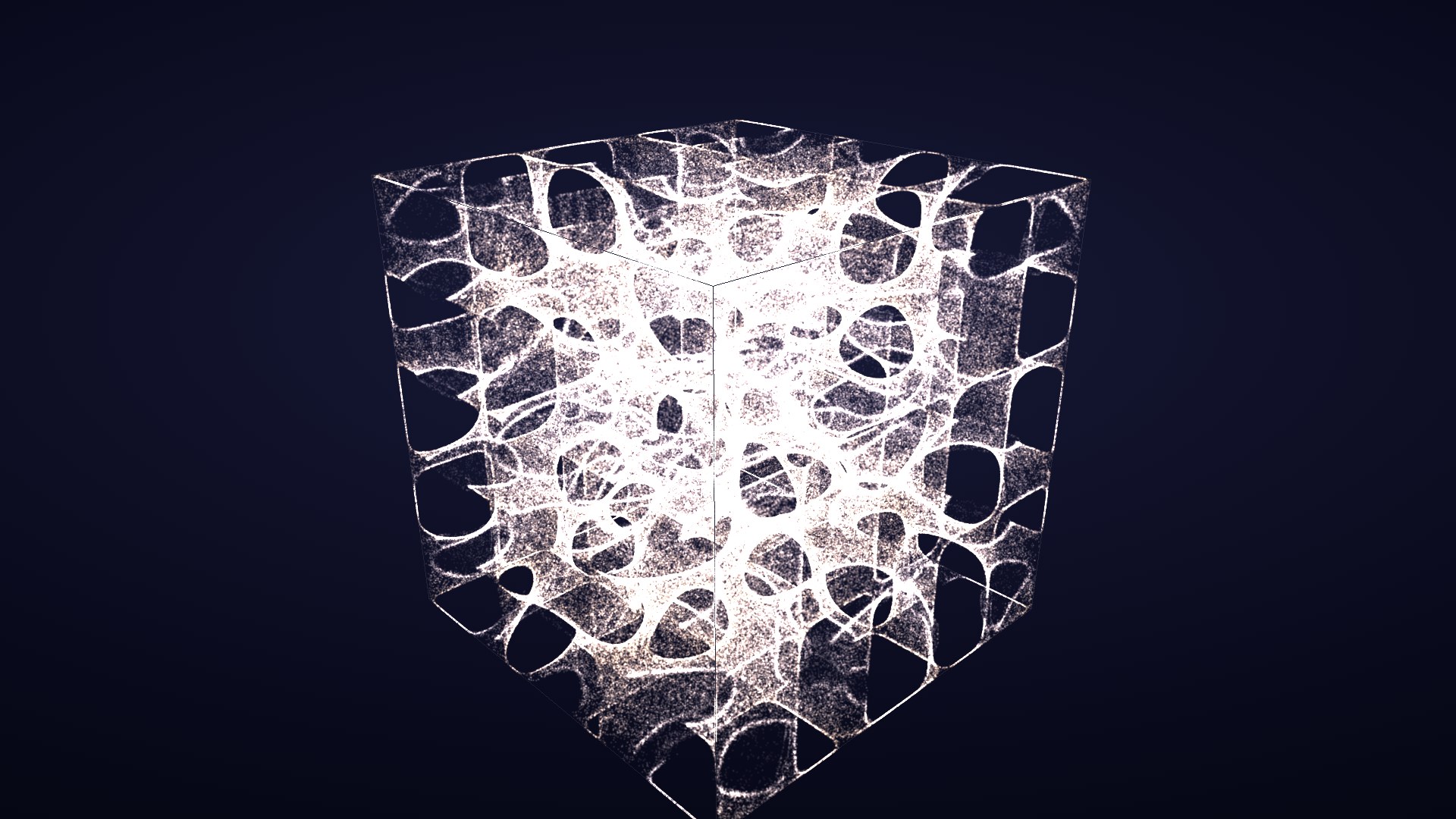A wireframe cube filled with a million warm-white particles settled into curved nodal surfaces: the three-dimensional Chladni pattern of mode 3·5·2