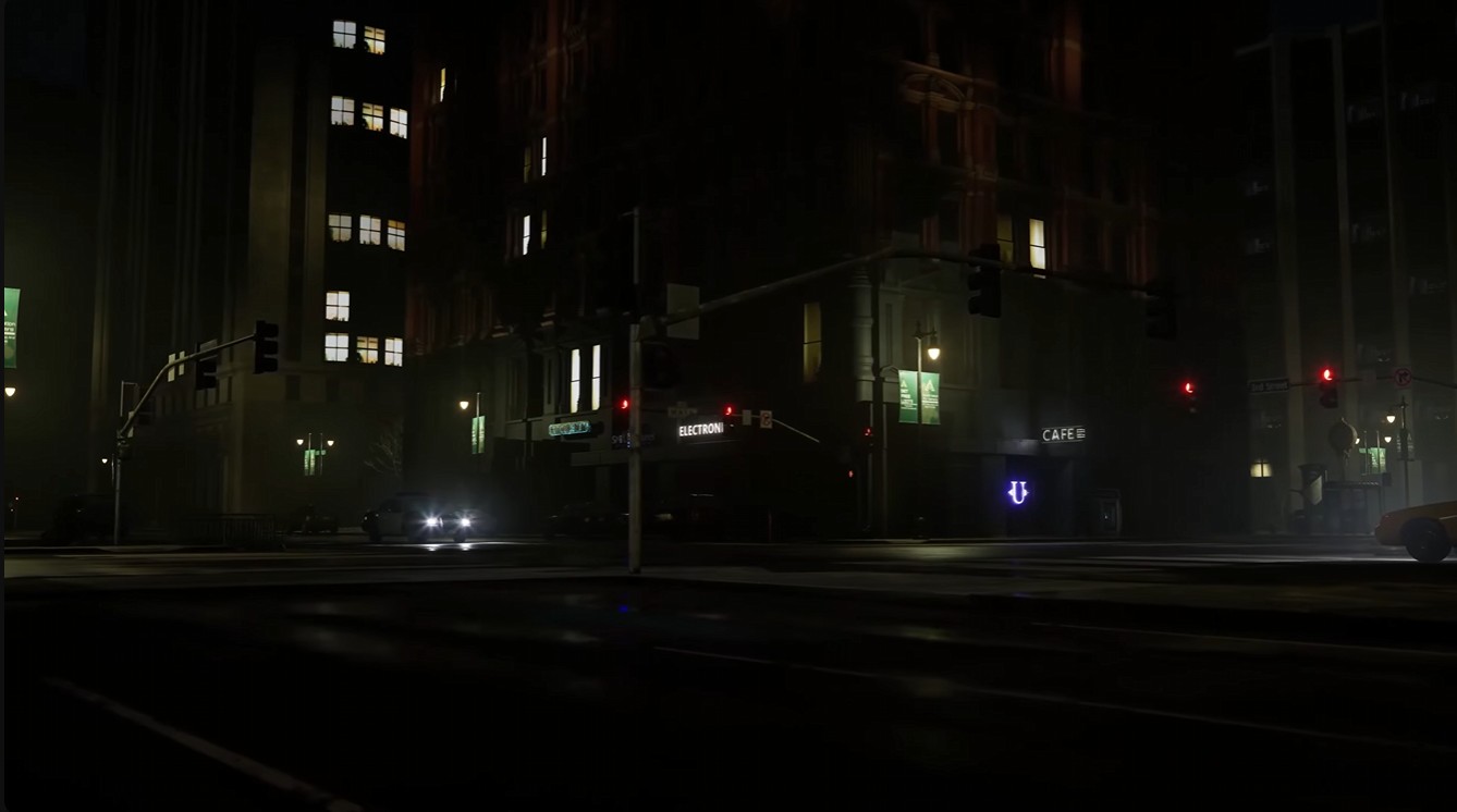 Opening frame of the reel: a deserted night intersection lit by traffic signals and a neon café sign