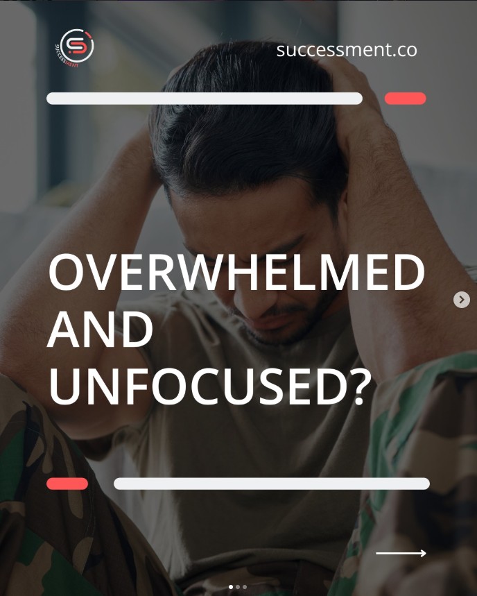 Carousel frame one: Overwhelmed and unfocused? A man holding his head in his hands, framed by the brand’s red-and-white rule lines
