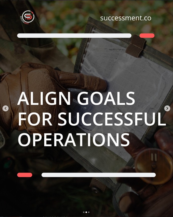 Carousel frame two: Align goals for successful operations. Gloved hands plotting a route on a field map with a compass