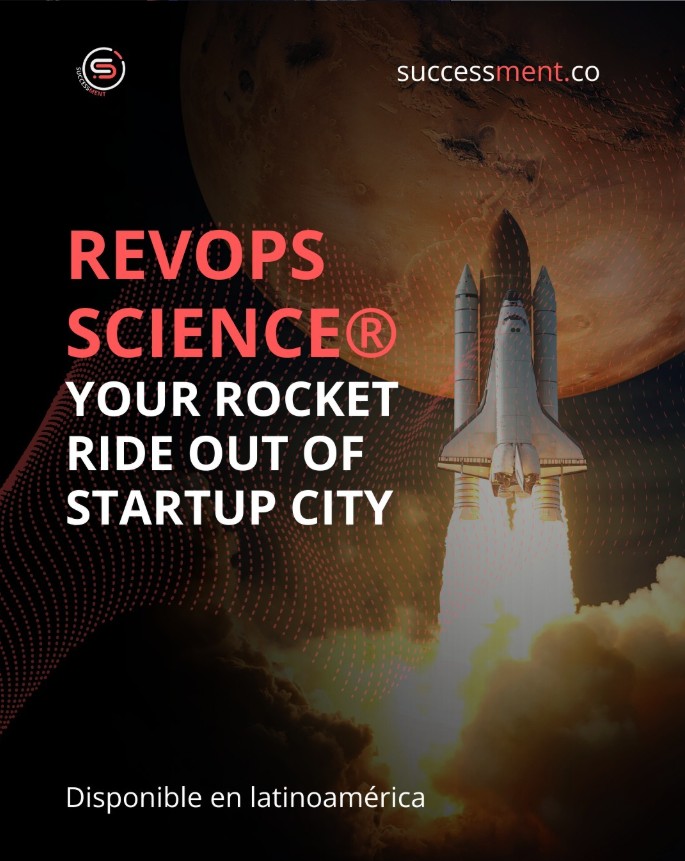 RevOps Science®, your rocket ride out of Startup City: a shuttle lifting off toward Mars, dotted red wave overlay, captioned Disponible en latinoamérica