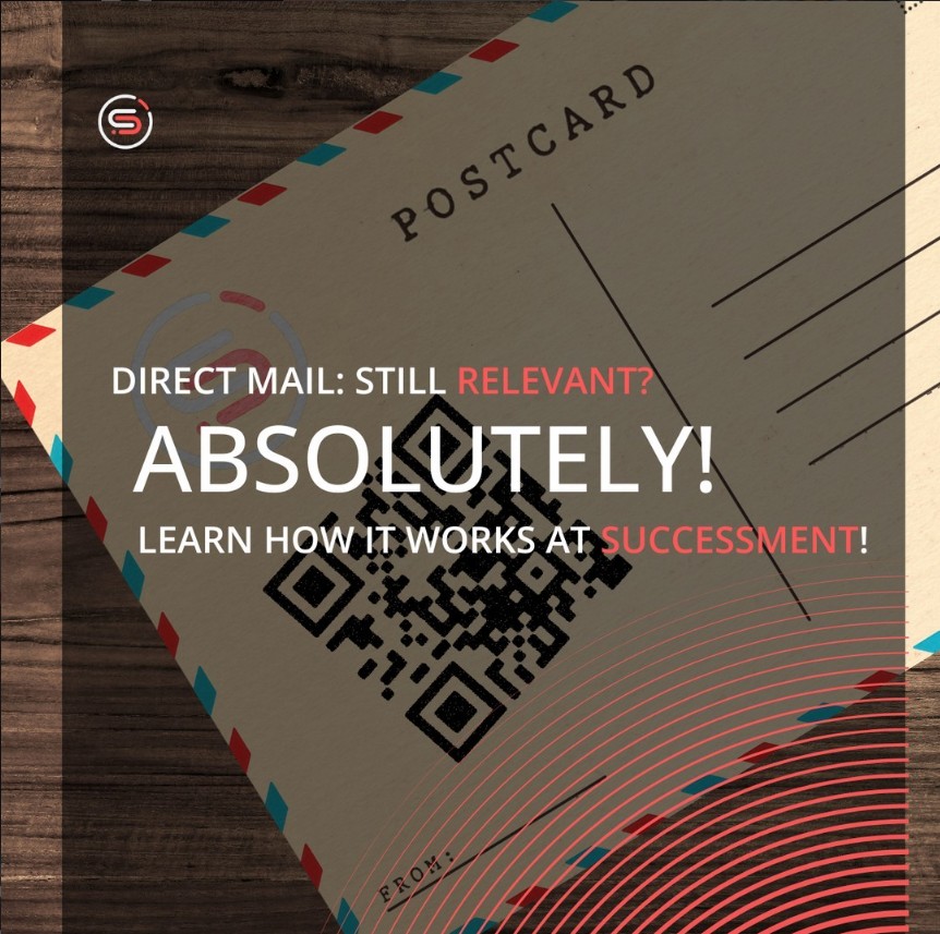 Direct mail: still relevant? Absolutely! A vintage postcard with a scannable QR code, shot on dark wood with the brand’s red concentric-ring motif