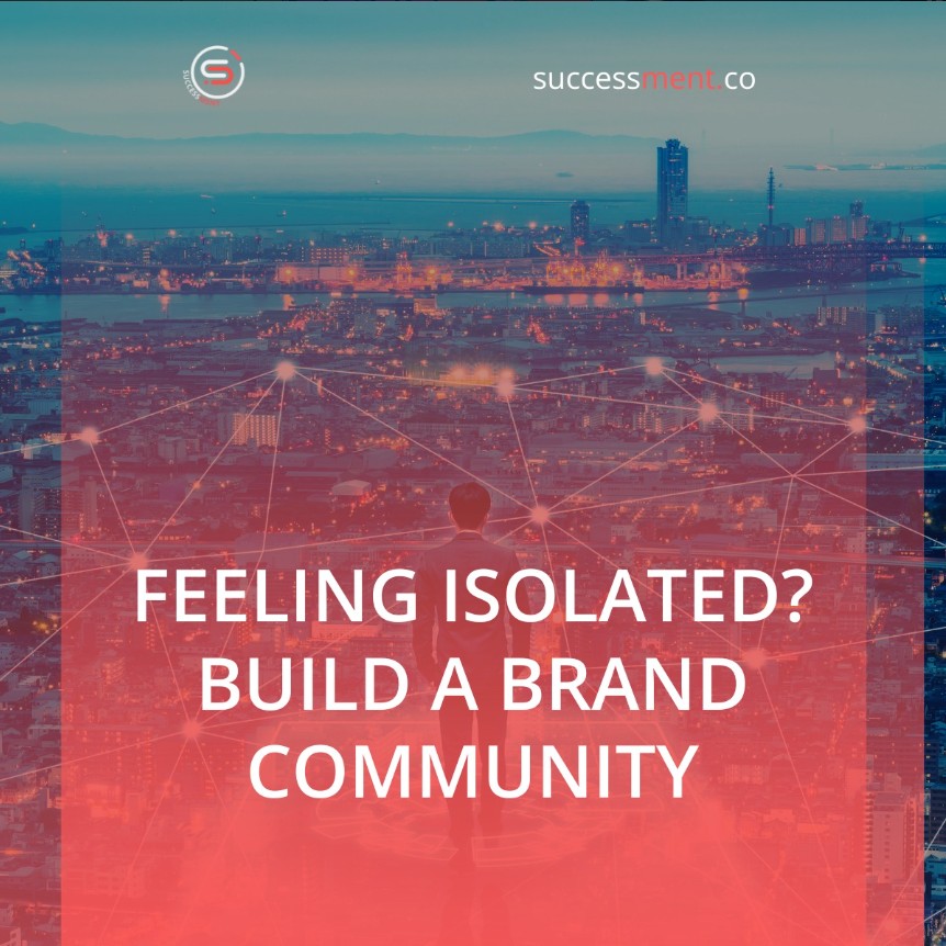 Feeling isolated? Build a brand community. A figure overlooking a night city overlaid with a red network graph