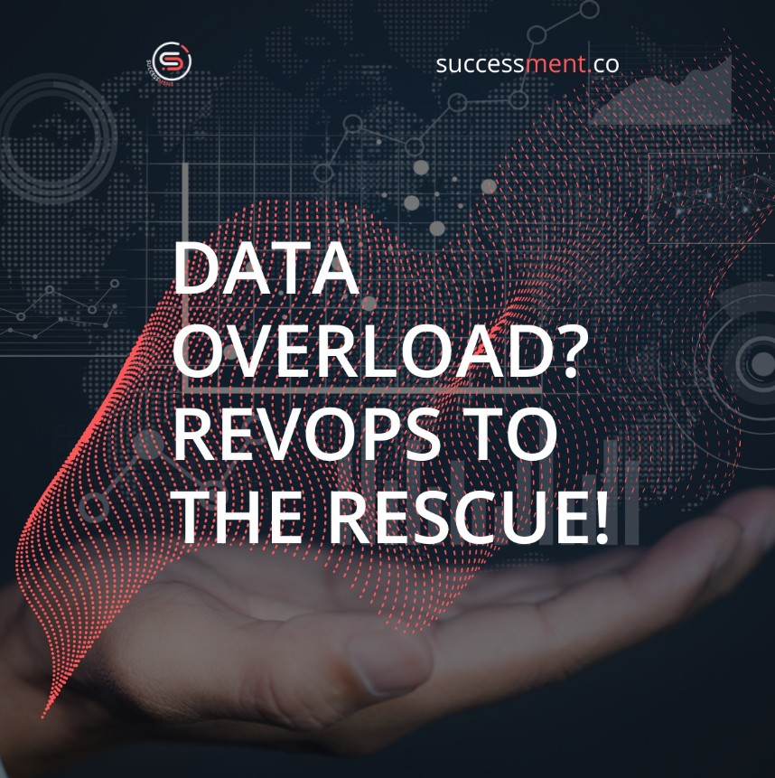 Data overload? RevOps to the rescue! An open hand holding a flowing red particle wave against a wall of charts