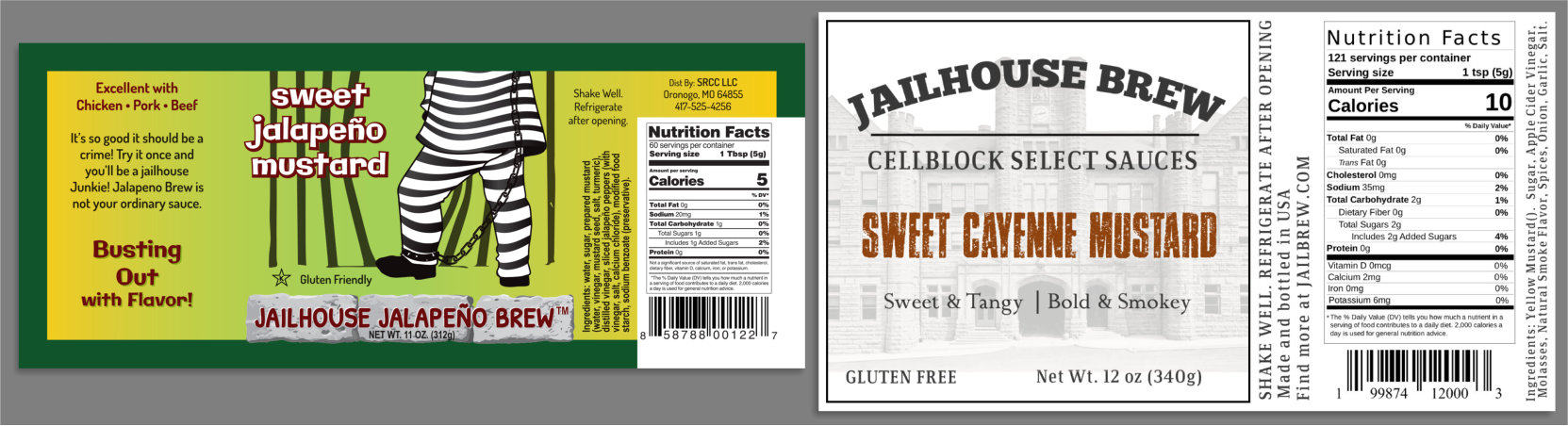 The original Jailbrew label (cartoon prisoner, lime-to-yellow gradient, “Busting Out with Flavor!”) beside the new Jailhouse Brew / Cellblock Select Sauces flat with the penitentiary ghosted behind the type