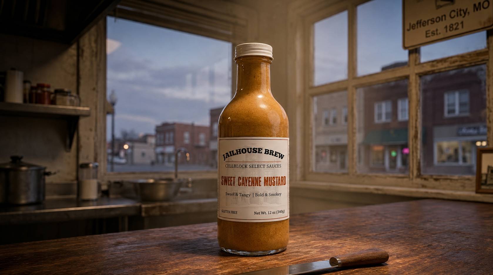 A Sweet Cayenne Mustard bottle in the new Jailhouse Brew livery, on a diner counter with a Jefferson City, MO / Est. 1821 sign in the window behind it