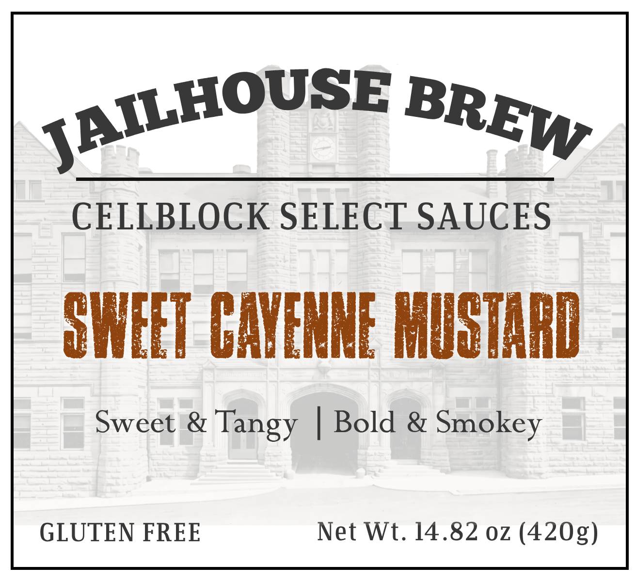 The finished label front: JAILHOUSE BREW arched over CELLBLOCK SELECT SAUCES, the variety name in distressed stamp type, and the Missouri State Penitentiary ghosted behind the whole thing