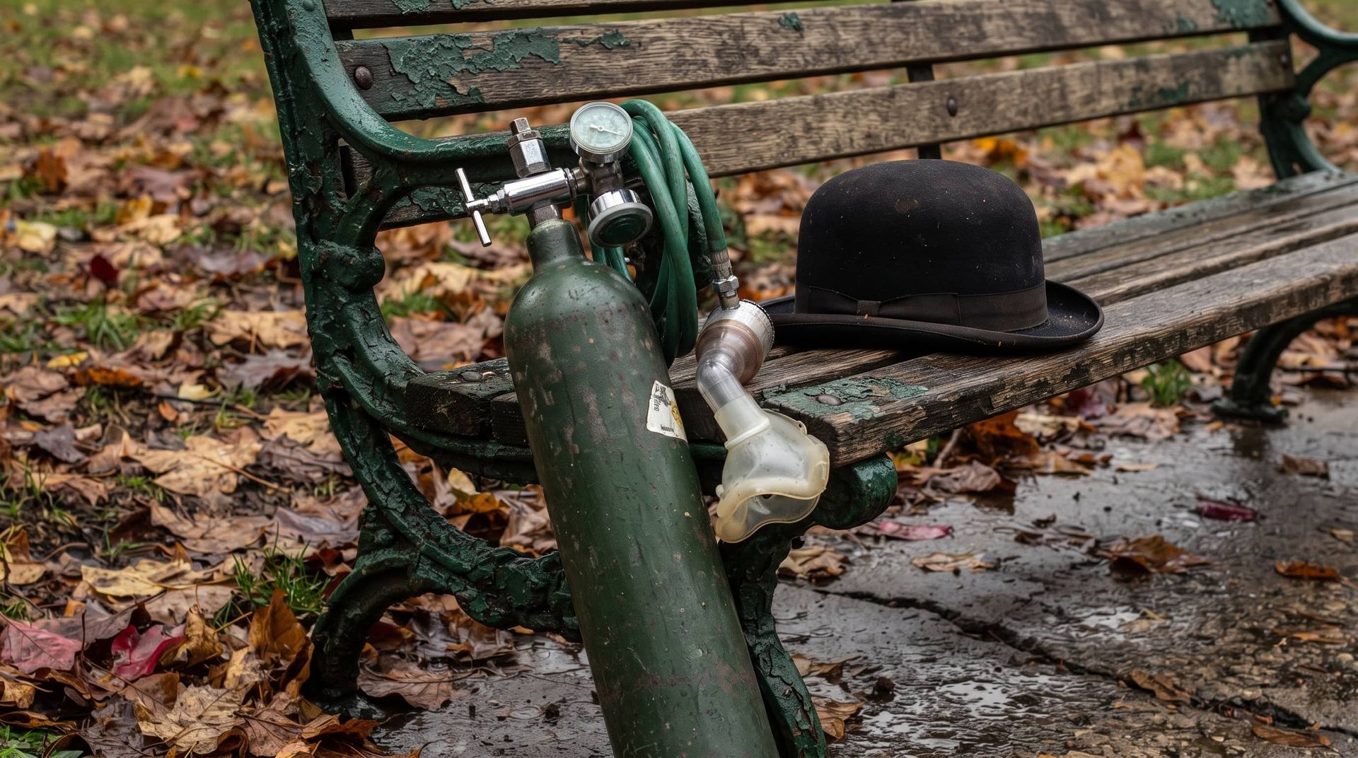 A dented oxygen tank with regulator and mask leaning against a weathered park bench, a black bowler hat resting on the wet boards among fallen leaves
