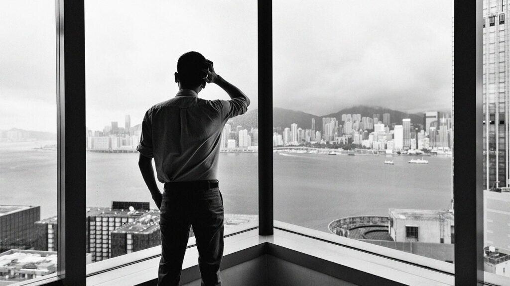 Black-and-white photo of a man seen from behind at a floor-to-ceiling corner window, hand raised to his head, high above a harbor city