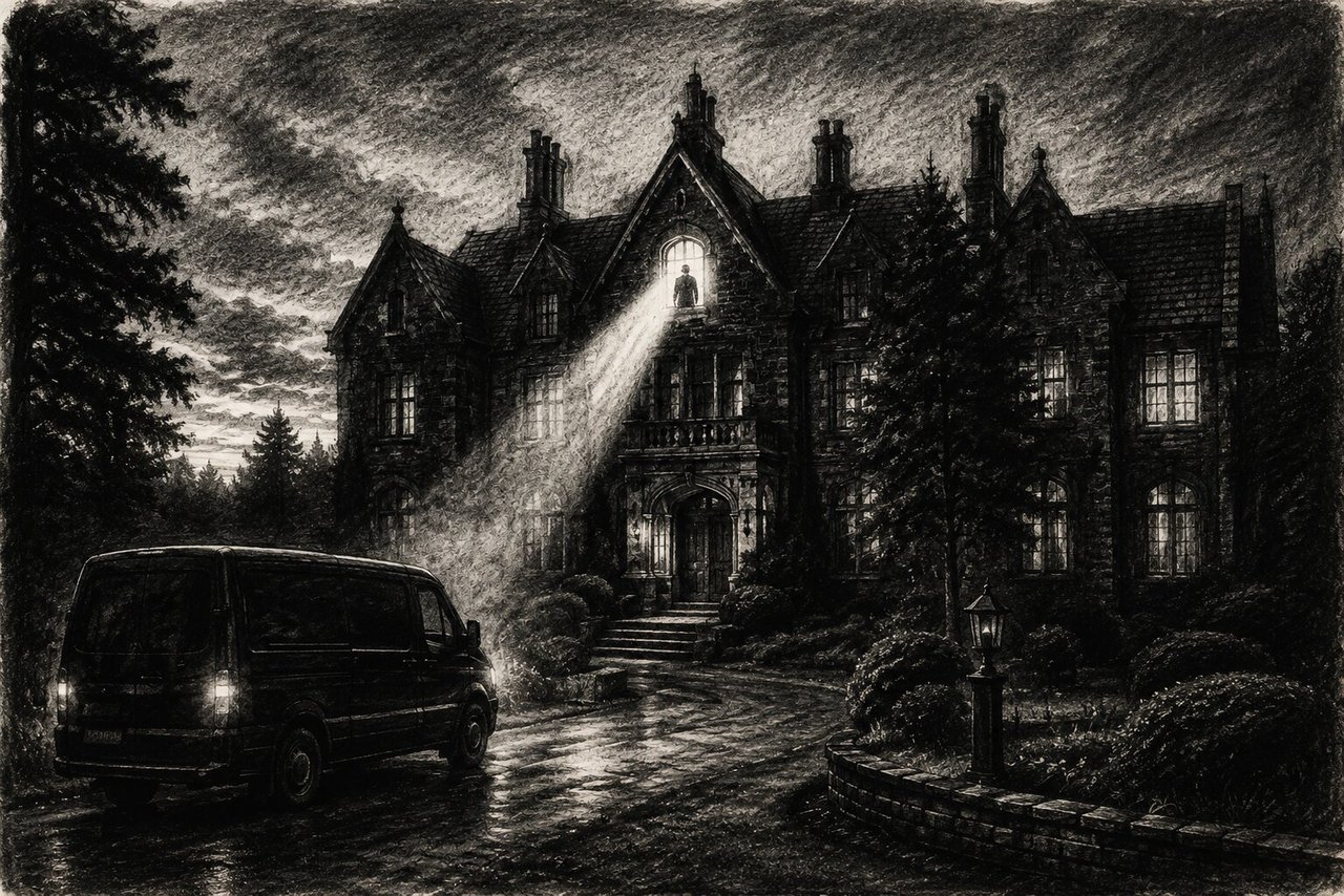 Charcoal-style illustration of a dark ranch house at night: a black van idling in the drive, a figure silhouetted in a lit upstairs window sweeping a flashlight beam across the lawn