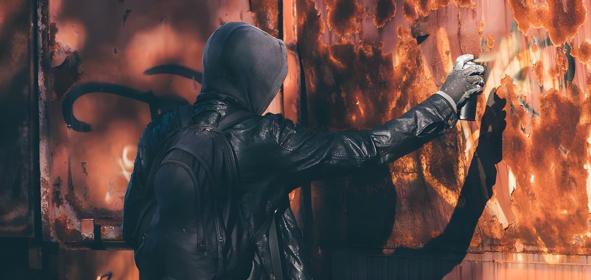 A hooded figure spray-painting a rusted, graffiti-covered wall
